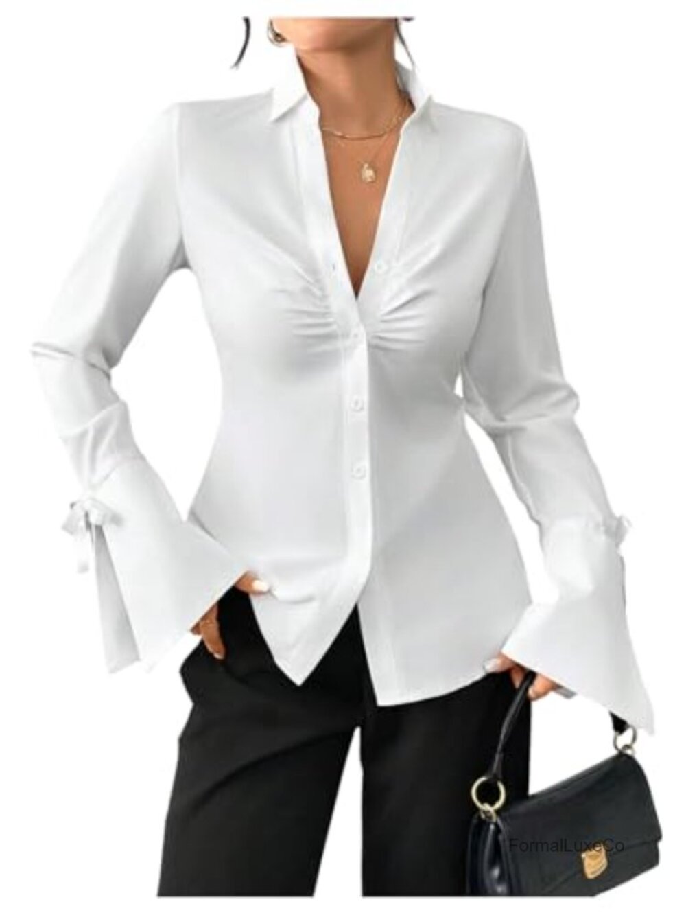 Elegant Bow Flounce Sleeve Button Down Blouse - Collared Long Sleeve Shirt